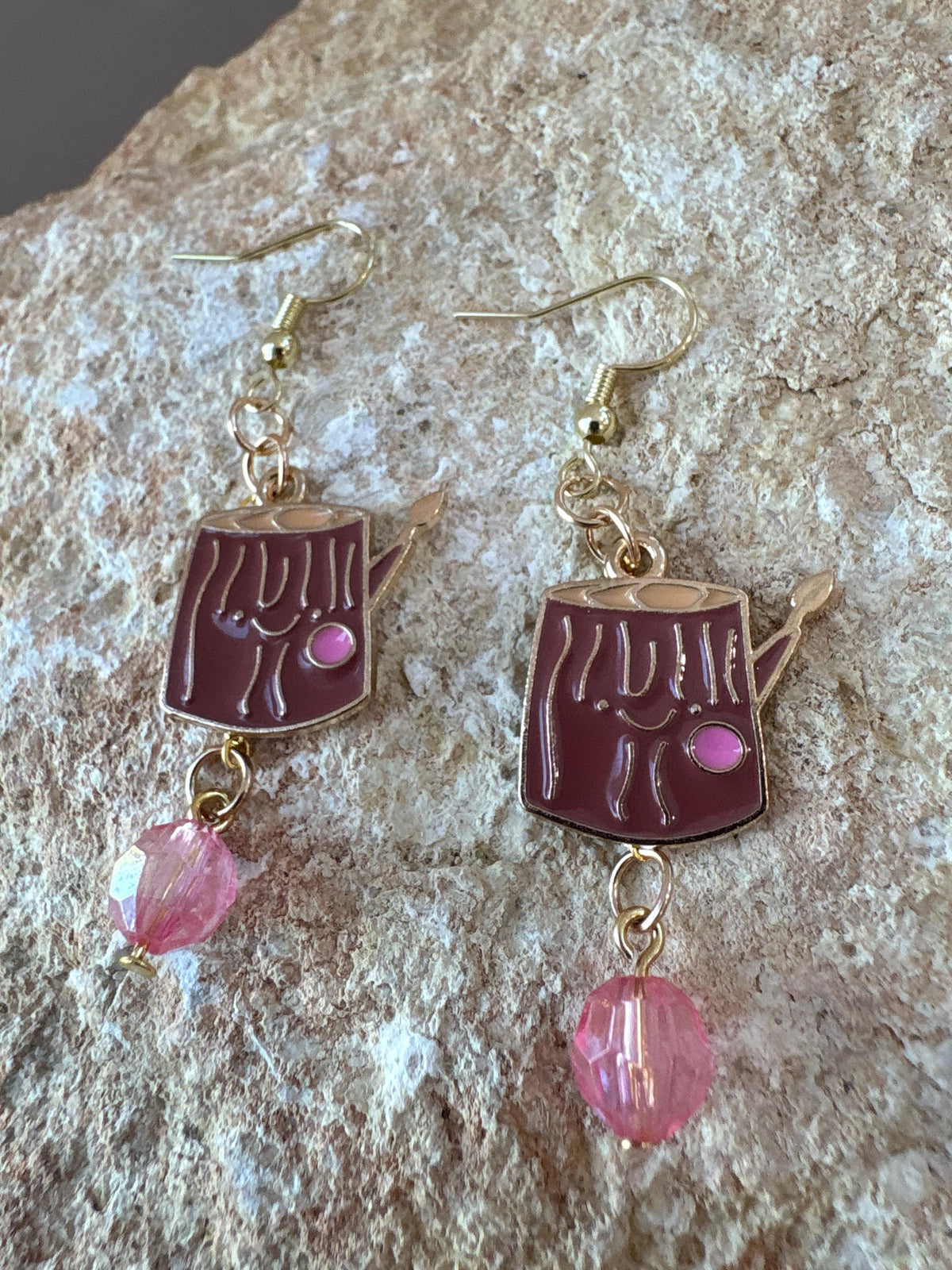 Log Wood Earrings, Fall Dangle Earrings, Woodland Autumn Jewelry, Pink, Brown, and Gold