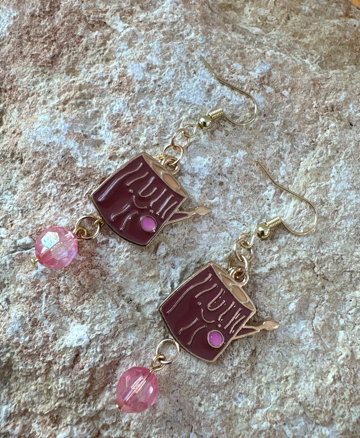 Log Wood Earrings, Fall Dangle Earrings, Woodland Autumn Jewelry, Pink, Brown, and Gold