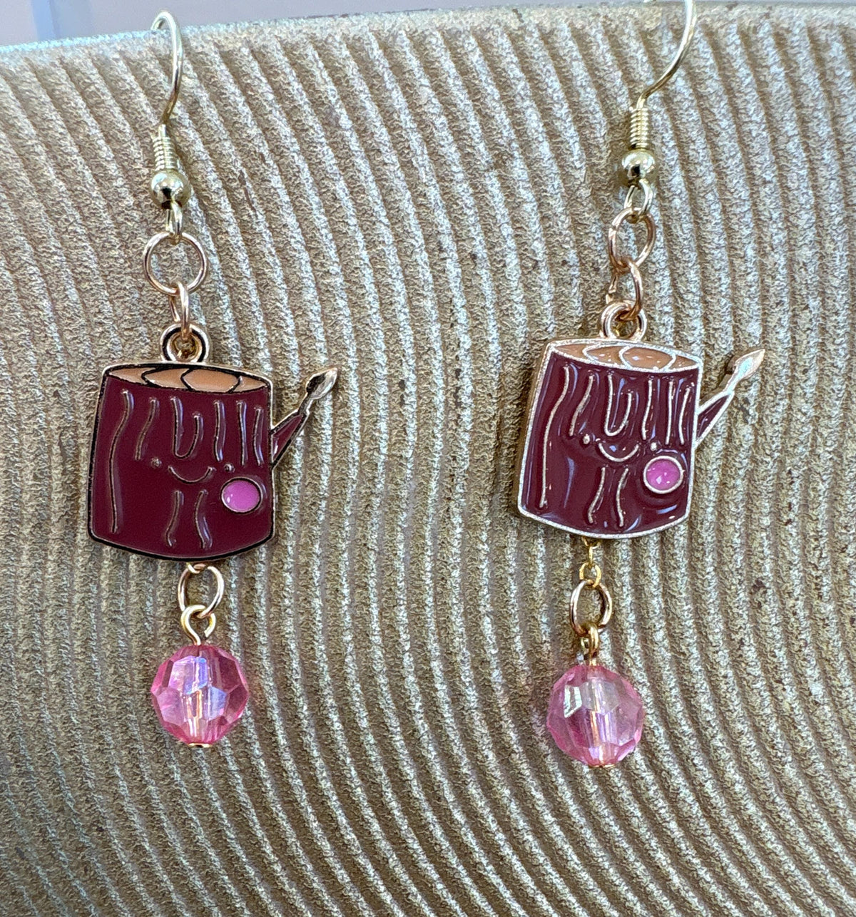 Log Wood Earrings, Fall Dangle Earrings, Woodland Autumn Jewelry, Pink, Brown, and Gold