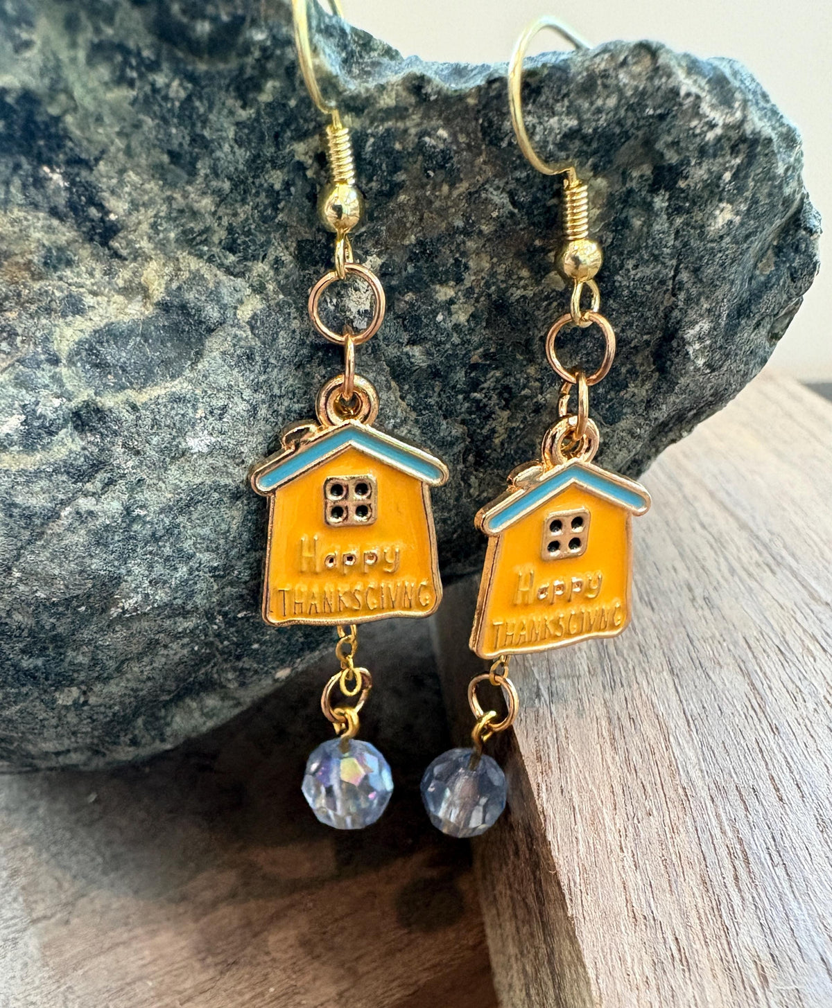 House Earrings, Fall Dangle Earrings, Autumn Harvest Jewelry, Cute Thanksgiving Gift, Yellow and Blue