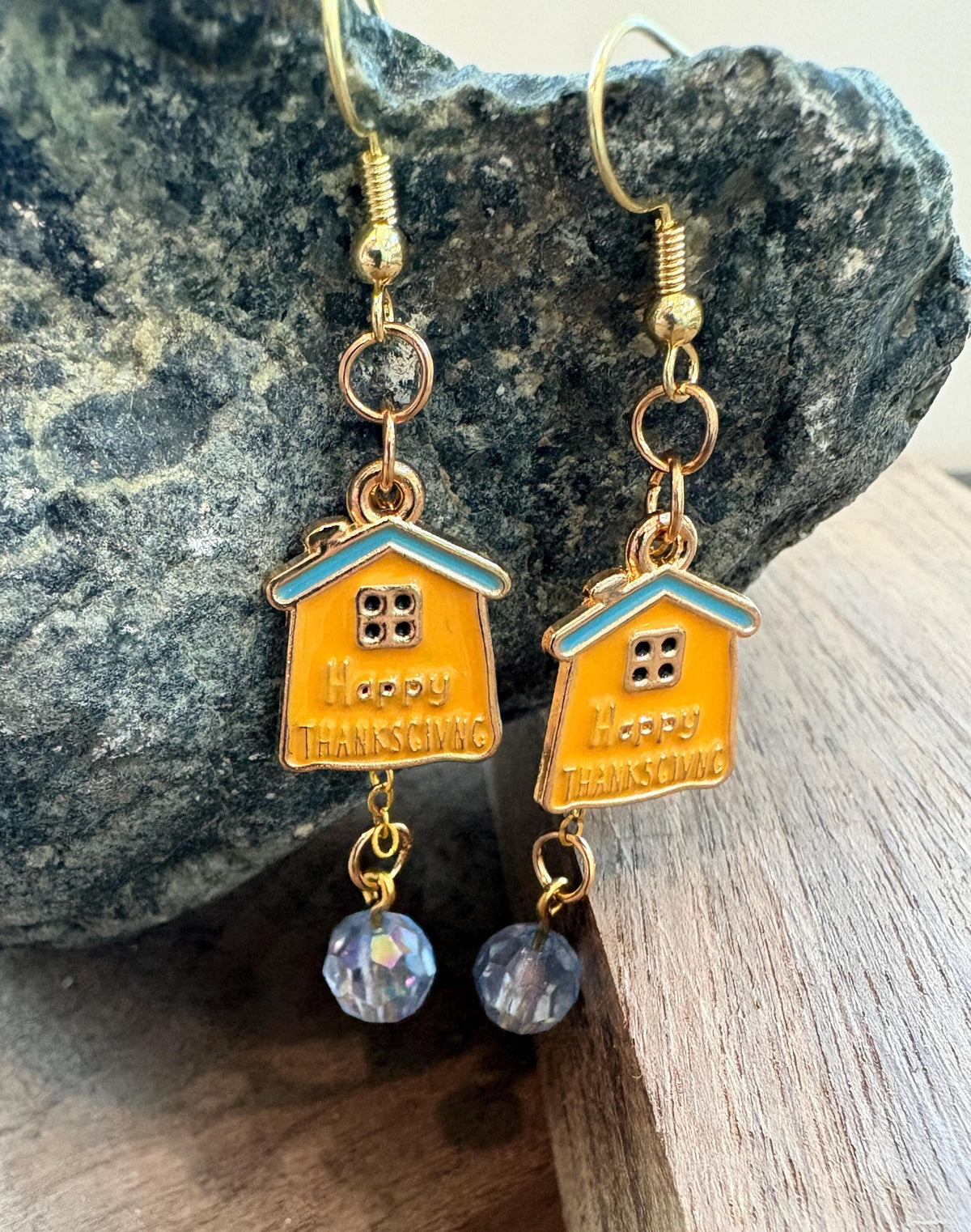 House Earrings, Fall Dangle Earrings, Autumn Harvest Jewelry, Cute Thanksgiving Gift, Yellow and Blue